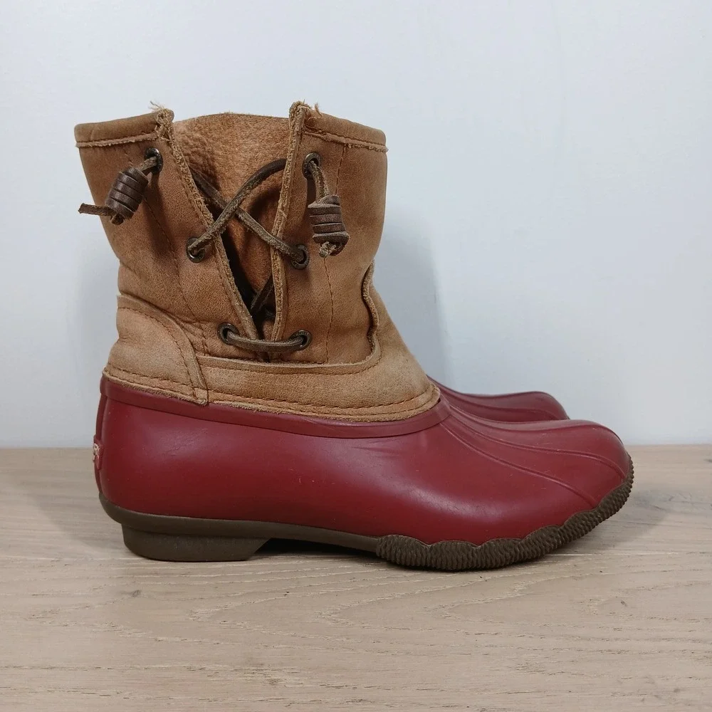 Sperry Waterproof Duck Boots Womens 6 M Red Brown Leather Lace Up Rain Boots